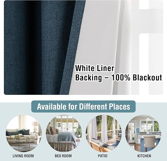 H.VERSAILTEX Linen Blackout Curtains 45 Inches Long 100% Absolutely Blackout Thermal Insulated Textured Linen Look Curtain Draperies Anti-Rust Grommet, Energy Saving with White Liner, 2 Panels, Navy