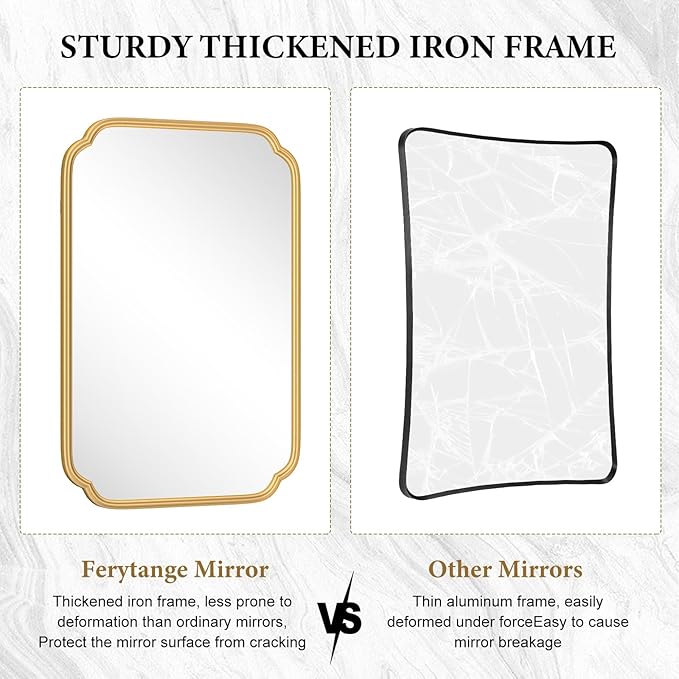 Gold Bathroom Mirror for Wall 24" x 24" Modern Rounded Corner Square Mirror with Non-Rusting Iron Metal Framed Bathroom Vanity Mirror for Over Sink Wall Decor Horizontal/Vertical