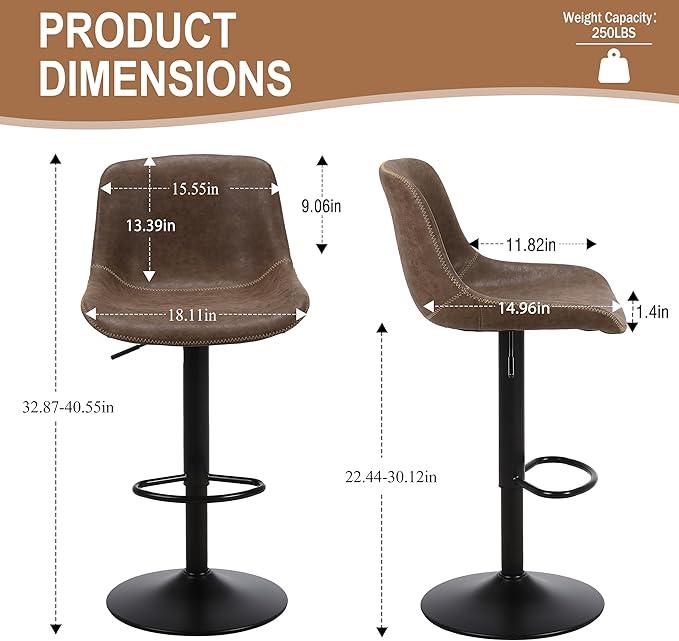 Bar Stools, Swivel Counter Height Barstools with Back, Adjustable Modern Bar Chairs, Tall Armless PU Leather Kitchen Island Stool (Brown, Set of 3)