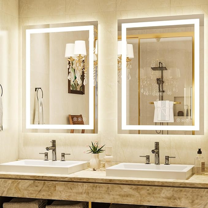 38'' x 26'' LED Bathroom Mirror with Lights, Wall Mirror with Front and Backlight, 3 Colors Vanity Mirror with Lights, Anti-Fog Wall Mirror for Bathroom