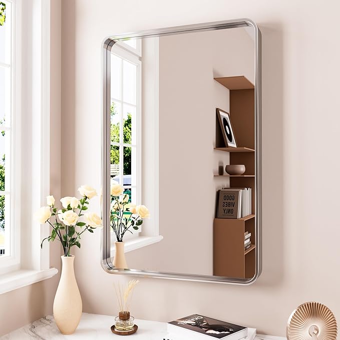 24x36 Inch Brushed Nickel Bathroom Mirror, Brushed Silver Metal Frame Mirror Wall Mounted, Rounded Rectangle Bathroom Vanity Mirror, Tempered Glass, Anti-Rust, Horizontal/Vertical