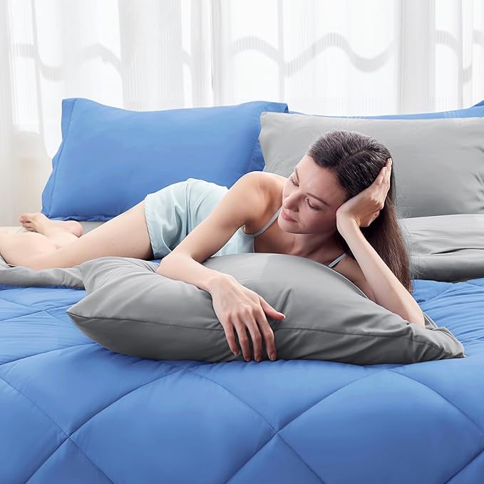 HEVUMYI Royal Blue & Light Grey Twin-XL Comforter Set - 5-Piece All Season Bed in a Bag Twin-XL, Ultra Soft Bedding Set with Comforter, Flat Sheet, Fitted Sheet, Pillowcases, Pillow Shams, Royal Blue