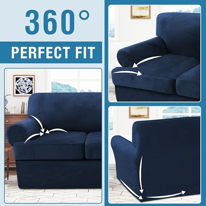 H.VERSAILTEX Sofa Slipcovers - Thick Velvet Couch Covers for 3 Cushion Couch with 3 Individual T Cushion Covers, Navy