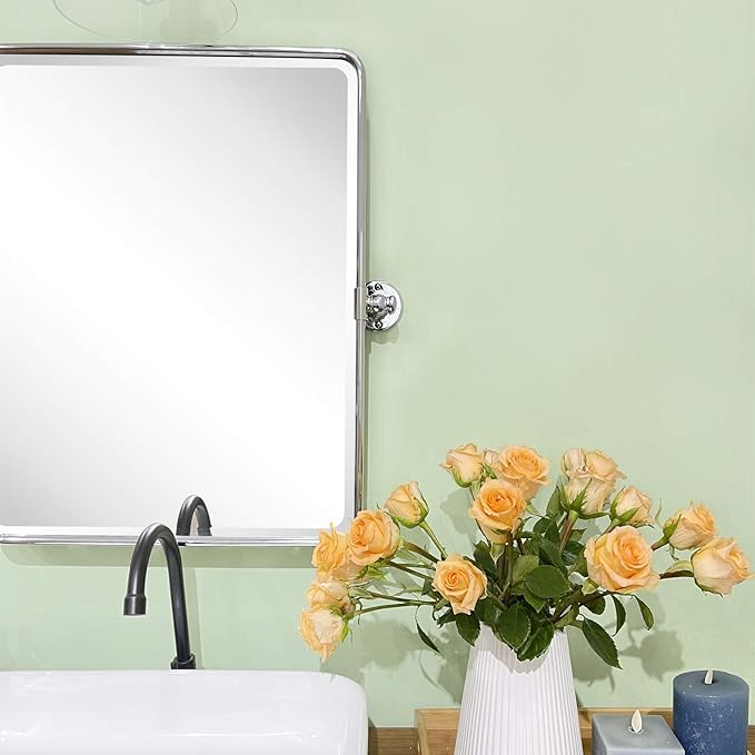 TEHOME 24 x 38'' Horizontal Farmhouse Chrome Metal Framed Pivot Rectangle Bathroom Mirror Tilting Beveled Vanity Mirrors for Wall