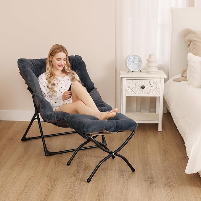 Comfy Saucer Chair for Adults, Soft Faux Fur Bedroom Chair, Accent Dorm Chairs, Flexible Living Room Reading Chairs, Oversized Folding Lounge Seat for Teens, X-Large, Navy Blue