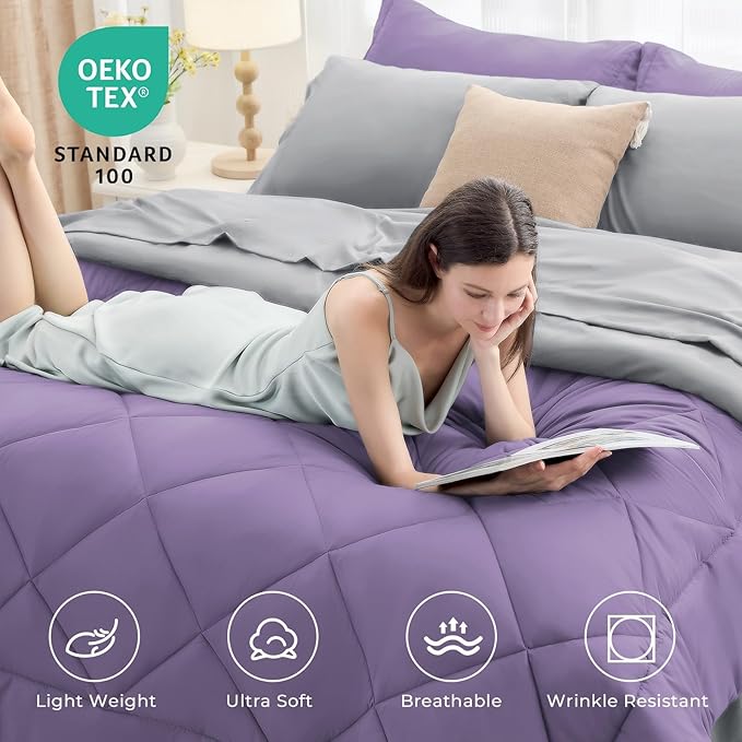 HEVUMYI Twin Comforter Set - 5-Piece All Season Bed in a Bag Twin, Ultra Soft Bedding Set with Comforter, Flat Sheet, Fitted Sheet, Pillowcases, Pillow Shams, Purple & Light Grey
