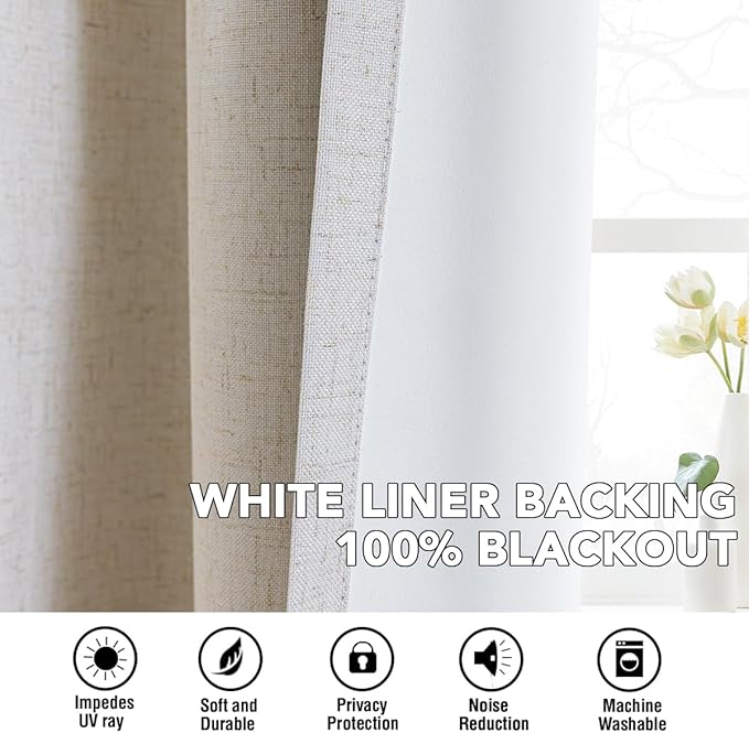 H.VERSAILTEXLinen-Polyester Curtains 100%Blackout Curtains for Bedroom 96"Long Full Light Blocking Nature Linen-Polyester Blended Window Curtains for LivingRoomNickel Grommet(2Panels,HeatheredNatural)