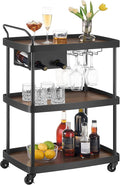 SONGMICS HOME Bar Cart, Home Bar Serving Cart with 3-Tier Shelf, Flexible Wine Bottle Rack and Glass Holder, Drink Beverage Cart, Microwave Cart, Kitchen, Natural Walnut and Ink Black ULRC291B01