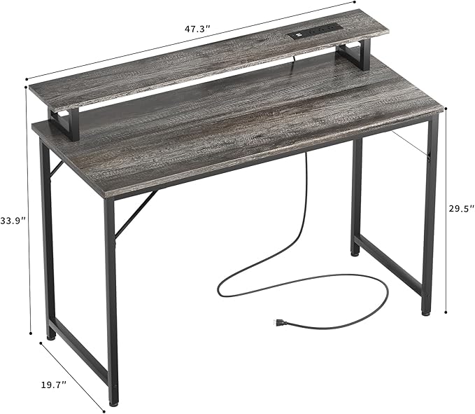 47 inch Computer Desk with Power Outlets, Gaming Desk with LED Lights, Home Office Work Desk with Monitor Shelf, Modern Office Desk Study Writing Table for Small Spaces, Black Oak