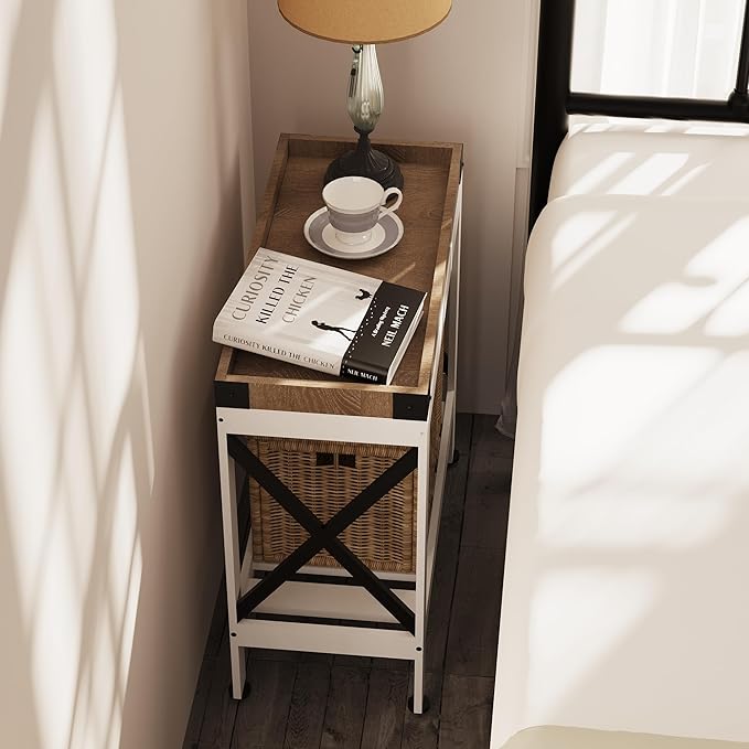 Narrow Side Table, Farmhouse End Table with Charging Station for Small Spaces, with 2 USB and 2 Power Outlets, 21.7" L x 10" W x 21.7" H