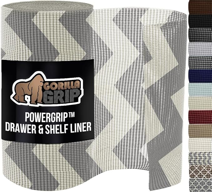 GORILLA GRIP powerGRIP Drawer Shelf and Cabinet Liner, Thick Strong Hold, Non-Adhesive Liners Protect Kitchen Cabinets and Cupboard, Bathroom Drawers, Easy Install, Breathable Mat, 17.5"x30', Chevron