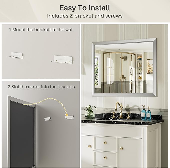 72x32 Inch Silver Bathroom Mirror for Wall, Thick Metal Framed Rectangle Mirrors for Over Sink, Bedroom, Living Room, Entryway, Anti-Rust, HD Tempered Glass