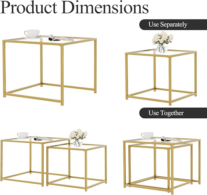 Garden 4 you Coffee Table Set of 2, Modern Glass Nesting Table, Metal Frame Square Center Table Set, Side Tables, Nesting Coffee Table for Living Room, Bedroom and Small Spaces, 23.6in Gold