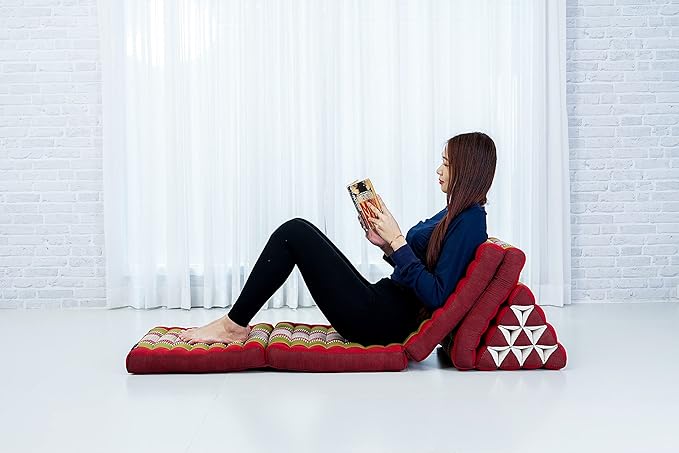 Leewadee Comfortable Japanese Floor Mattress - Thai Floor Bed with Triangle Cushion - Futon Mattress - XL Extra Long Thai Massage Mat, 89 x 20 inches, Green Red, Kapok Filling