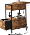 SOOWERY End Table with Charging Station, Narrow Side Table with Flip Top Cabinet and Fabric Drawer, Nightstand Bedside Tables for Small Spaces, Bedroom, Living Room, Rustic Brown