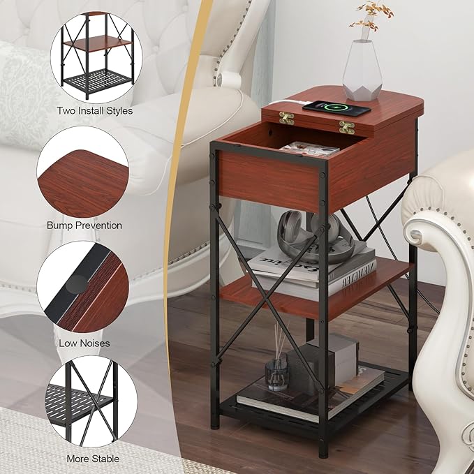 Narrow Side Table with Charging Station, End Tables Set of 2 for Small Spaces, Flip Top End Table with Storage, Side Tables Set 2 Living Room, Nightstand with Drawer for Bedroom, Cherry