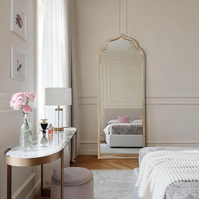 Large Arch Mirror, 20"x53" Gold Arched Floor Mirrors for Dressing, Metal Beaded Frame Decorative Vintage Mirror, Scalloped Full Length Mirrors for Living Room Bedroom Hallway Entryway