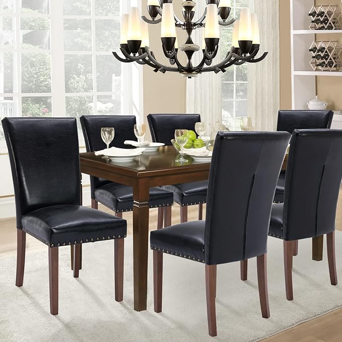 Parsons Dining Chairs Set of 6, Upholstered Nailhead PU Leather Dining Room Kitchen Side Chair with Thick Cushions and Wood Legs, Black
