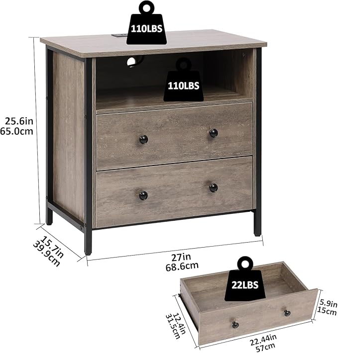 27 Inch Wide Night Stand, Lrage Wood Night Stand Set 2 with 2 Drawers, LED Nightstand with Charging Station and Adjustable Drawer, Bedside Table for Living Room/Bedroom/Study/Office, Gray.