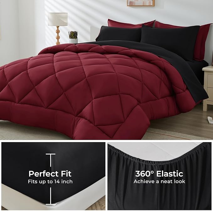 HEVUMYI Red & Black Queen Comforter Set - 7-Piece All Season Burgundy Bed in a Bag Queen, Ultra Soft Bedding Set with Comforter, Flat Sheet, Fitted Sheet, Pillowcases, Pillow Shams, Burgundy