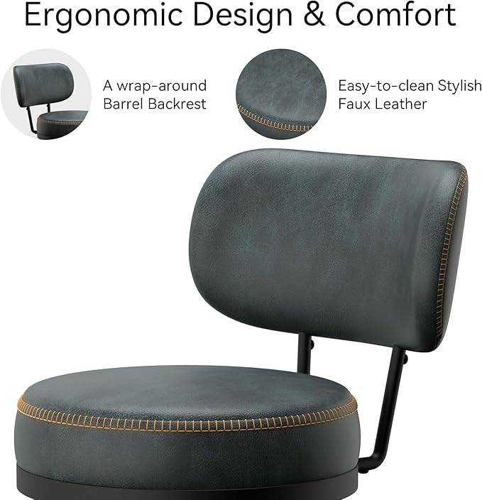 Counter Height Bar Stools, 26" H Swivel Barstools Set of 2, Faux Leather Kitchen Counter Stools with Back and Stylish Stitching, Metal Frame, Pub, Home Bar, Balck Green