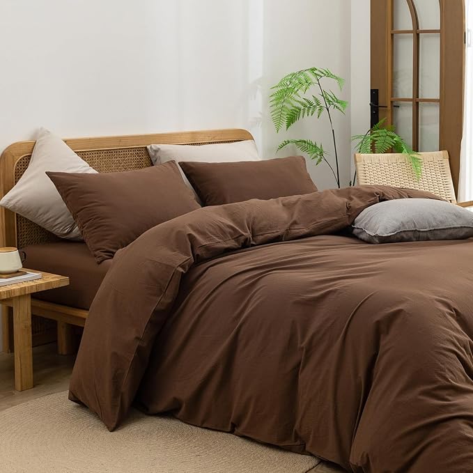 BESTOUCH Duvet Cover Set 100% Washed Cotton Linen Feel Super Soft Comfortable Chic Lightweight 3 PCs Home Bedding Set Solid Cocoa Brown Cal King