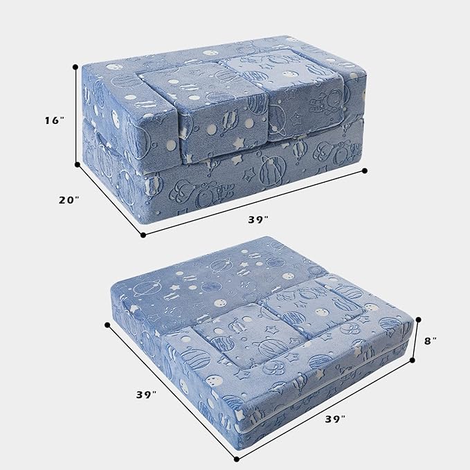 MeMoreCool Glow in The Dark Space Kids Modular Play Couch, Blue Fold-Out Foam Lounge Chair Sofa for Girls and Boys, Bedroom and Playroom