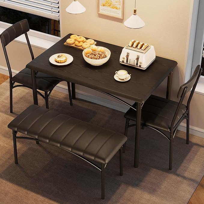 Garvee Dining Table Set for 4, Kitchen Table with Upholstered Bench and 2 Chairs, 4-Piece Wooden Dining Table Set for Apartment, Dining Room, Small Space, Black