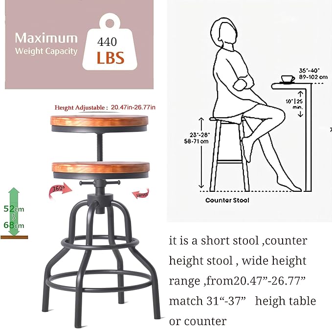 Diwhy Industrial Vintage Counter Stool, Kitchen Counter Height Adjustable Swivel Chair, Metal Frame Stool, 20.47-26.77 Inch, Fully Welded Base, Set of 2