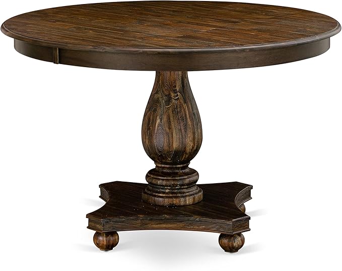East West Furniture F2EL5-718 5 Piece Kitchen Table & Chairs Set Includes a Round Dining Table with Pedestal and 4 Brown Linen Linen Fabric Parson Chairs, 48x48 Inch, Distressed Jacobean