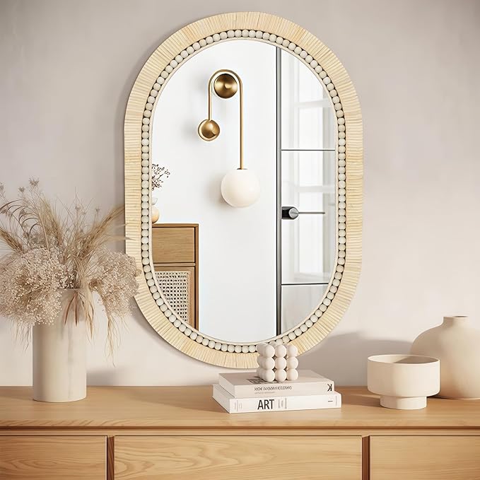 ULIKE Rattan Mirror for Bathroom, 24x36 Inch Oval Rustic Farmhouse Wall Decor with Handmade Wicker Frame, Boho Mirror for Nursery Bedroom Living Room Entryway