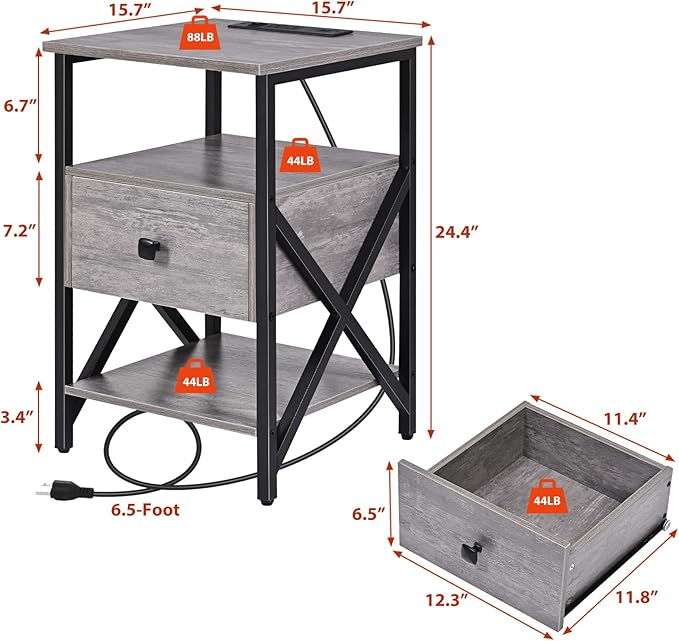 End Tables with Charging Station, Grey Charging Side Table Bedside Table with Outlets, Night Stands with Wood Drawer, Nightstand with Storage for Bedroom, Living Room