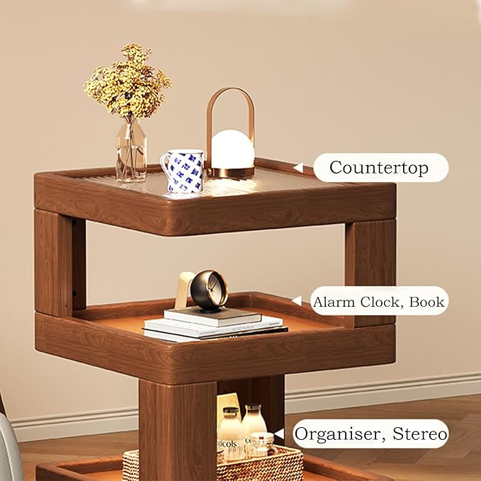 Solid Wood Nightstand,End Tables Bedroom Small Shelf Modern Nightstand Wood Side Table (Walnut Brown-21.3 * 13.8 * 13.8)