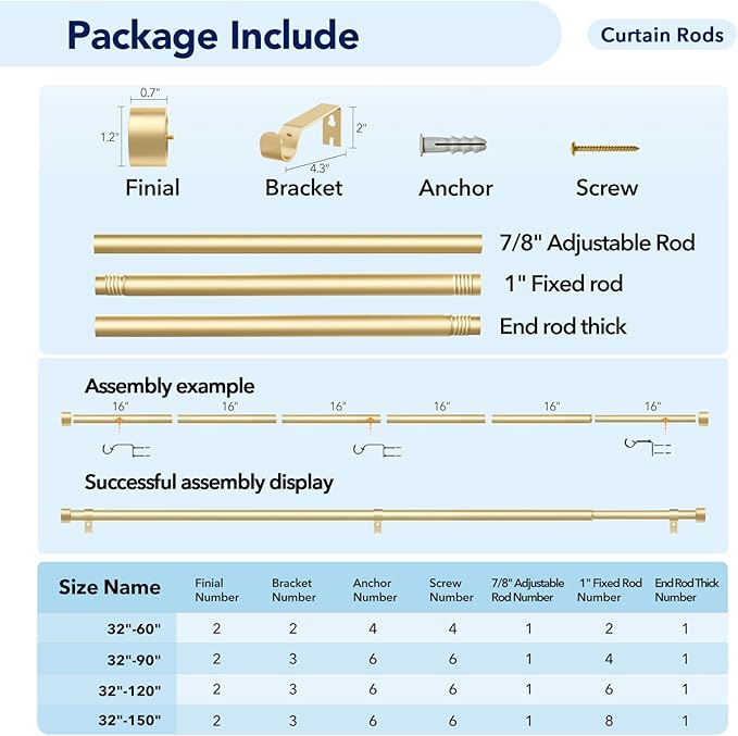 2 Pack Curtain Rods for Windows 48 to 84 Inch(4-7ft), 1 Inch Gold Adjustable Heavy Duty Curtain Rod Set, Modern Style Outdoor Drapery Rods for Patio Bedroom, Size 32"- 90"