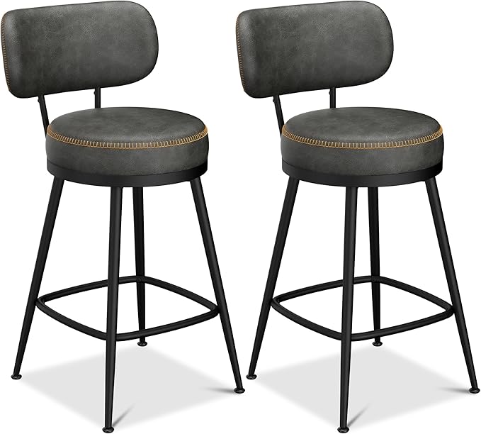 Counter Height Bar Stools, 26" H Swivel Barstools Set of 8, Faux Leather Kitchen Counter Stools with Back and Stylish Stitching, Metal Frame, Pub, Home Bar, Black Grey