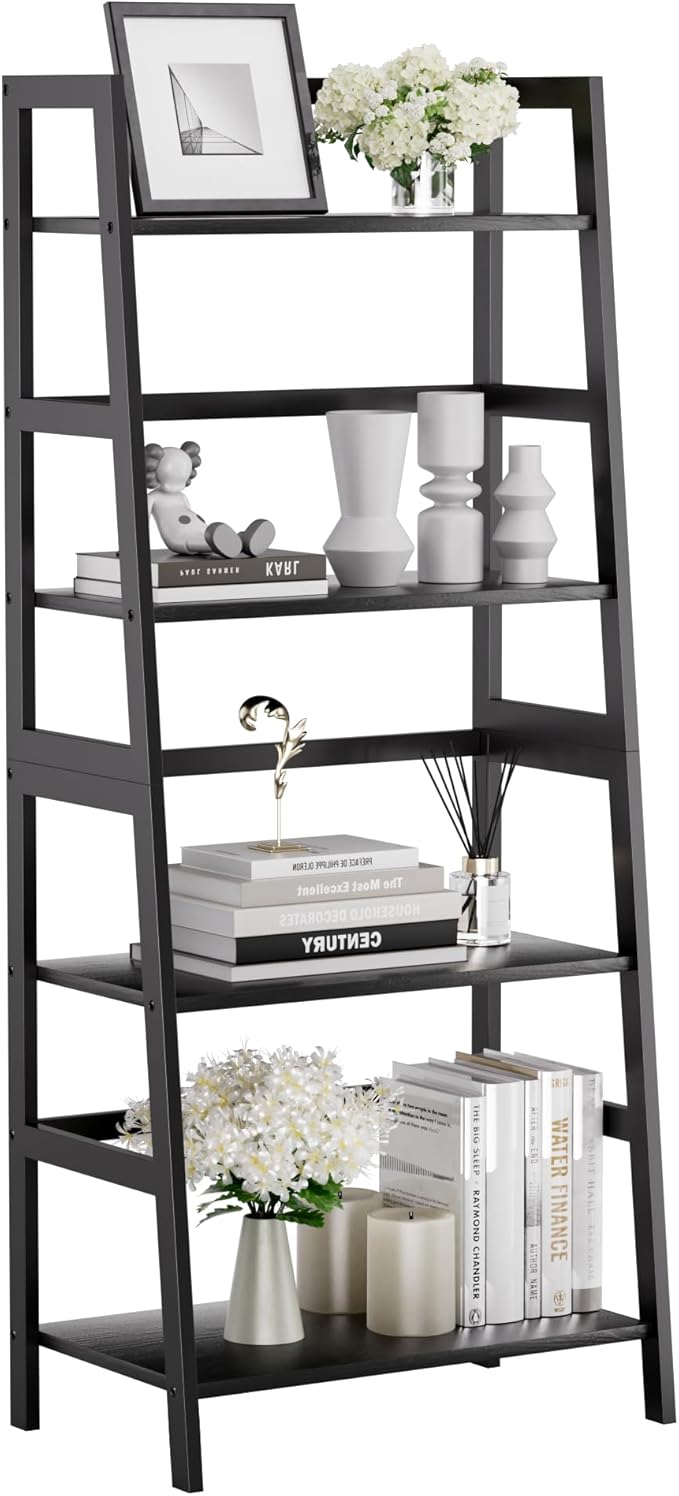 HITNET Ladder Shelf Black, 4-Tier Bookshelf, Freestanding Bathroom Storage Rack with Bamboo Frame, Plant Display Stand for Living Room, Kitchen, Home Office