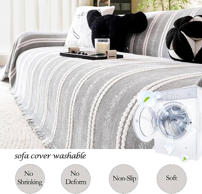 Couch Cover for Dogs Washable Sofa Cover, Sectional Couch Covers, Sofa Covers for 2 Cushion Couch, Non Slip Stripe Sofa Slipcovers Furniture Protector, Couch Protector from Cat Claws, Light,71''x134''