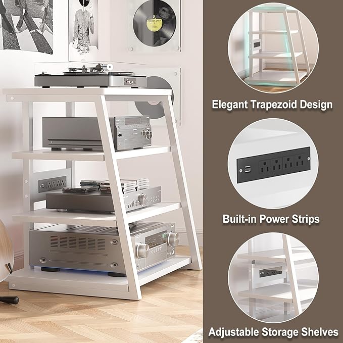 Armocity 4-Tier AV Media Stand with Power Strips, Stereo Stand with LED Lights, Audio Tower Rack with Adjustable Shelves, Small Entertainment Center, 30'', White