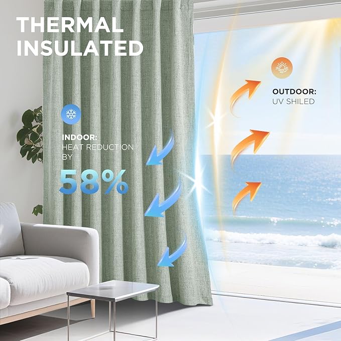 Joydeco 100% Blackout Curtains for Bedroom - Natural Linen Curtains 70" W x 108" L Long, Thermal Insulated 1 Panels Sage Green Light Blocking Drapes, Rod Pocket & Back Tabs for Living Room