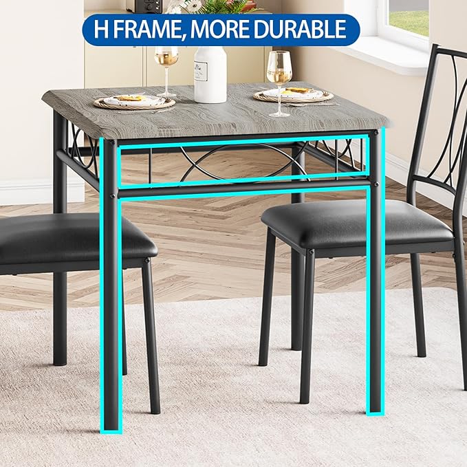 GarveeHome Small Dining Table Set for 2, Square Table and Chairs Set of 2, 3 Piece Kitchen Table Set of 2 with Upholstered Chairs, Dinner Table Set for 2 for Small Spaces, Apartment, Rustic Gray