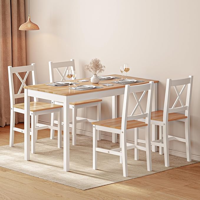 soges Dining Table Set for 4, 42.5 inch Pine Wood Dining Room Table with 4 Chairs, 5-Piece Kitchen Table Chairs Set for Small Space, Apartment, Dinette, Breakfast, White and White