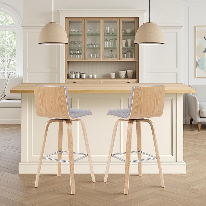 Armen Living Vienna Modern Swivel 30" Bar Height Barstool with Gray Fabric Upholstered Seat and Patterned Oak Wood Finish