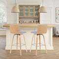 Vienna Modern Swivel Bar Height Stool with Grey Upholstered Seat and Patterned Oak Wood Frame Set of 2
