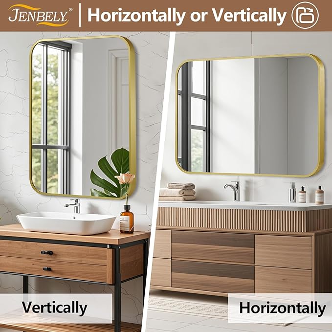 16x20 Inch Gold Mirror, Framed Rectangle Mirror with Rounded Corner, Brushed Brass Mirror, Gold Bathroom Mirror for Over Sink, Vanity, Living Room, Bedroom, Horizontal/Vertical