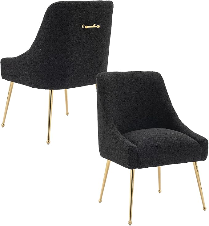 Modern Velvet Dining Chairs Set of 6, Contemporary Upholstered Furniture Collection with Polished Gold Metal Legs, Elegant Accent Chairs for Kitchen Living Room(Teddy Fleece,Black)