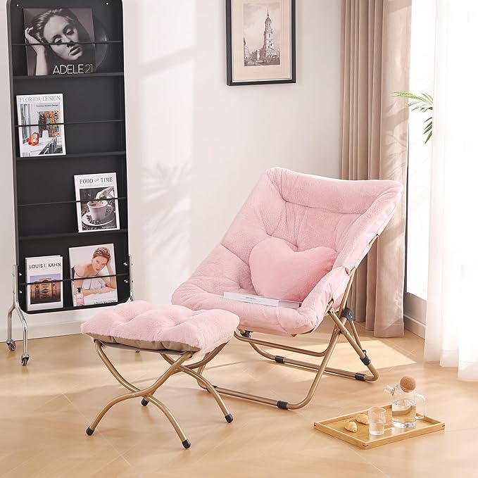 Comfy Saucer Chair with Ottoman, Oversized Folding Faux Fur Chair Soft Furry Lounge Lazy Chair with Metal Frame Moon Chair Accent Chair for Bedroom, Living Room, Dorm Rooms
