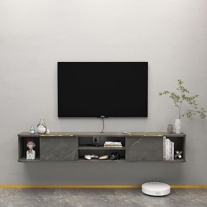 Pmnianhua Floating TV Stand with 2 Drawers,63'' Wall Mounted Floating TV Shelf,Floating Shelf for Under TV,Floating TV Unit with Storage for Bedroom Living Room(Grey)
