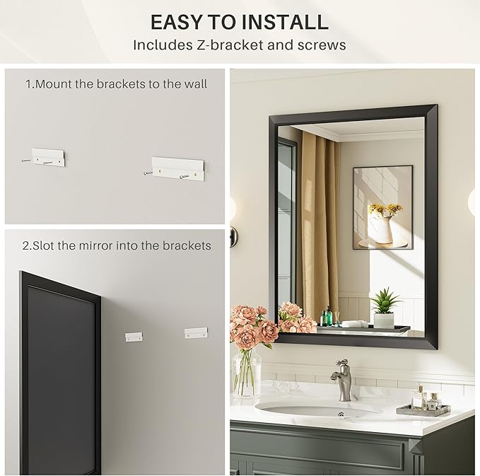 40x38 Inch Black Bathroom Mirror for Wall, Thick Metal Framed Rectangle Mirrors for Over Sink, Bedroom, Living Room, Entryway, Anti-Rust, HD Tempered Glass
