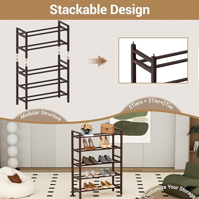 Haddockway Bamboo Shoe Rack for Closet, Free Standing Shoe Organizer with Smooth Round Rods & Convenient Handles, Stackable Shoe Storage Shelf for Entryway, Hallway(Brown, 5-Tier)