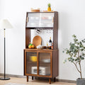 Tiita Kitchen Hutch with Countertop, 69” Rattan Solid Wood Pantry Cabinet with Hutch, Boho Bamboo Sideboard Buffet Cabinet, Boho Entryway Table for Living Room, Home Bar, Hallway, Walnut
